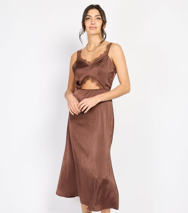 Little Mistress Women's Brown Lace Trim Satin Midi Dress Little Mistress New Look - 2