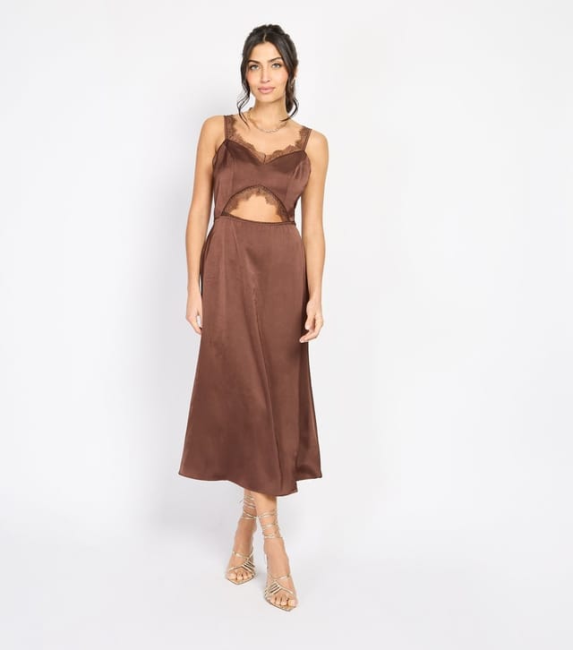 Little Mistress Women's Brown Lace Trim Satin Midi Dress Little Mistress New Look - 3