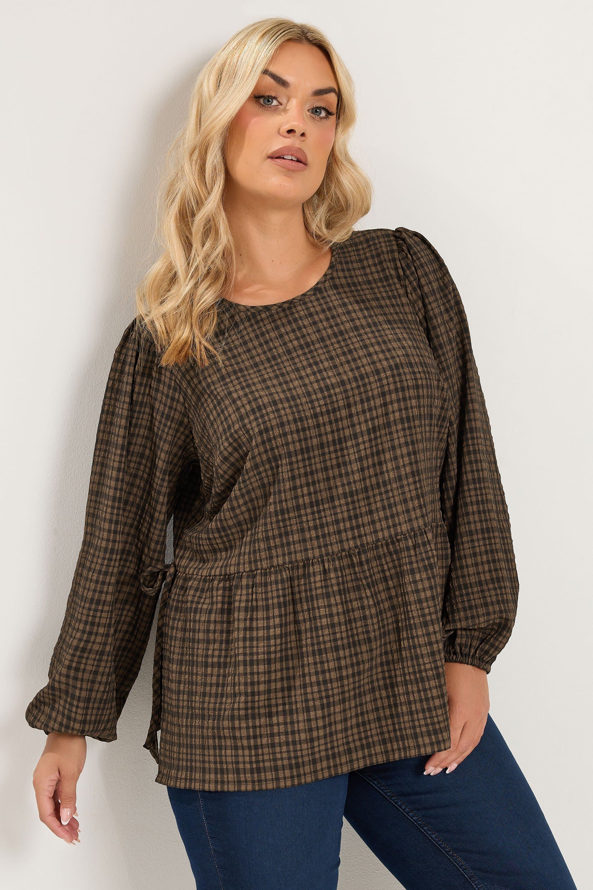 Yours Plus Size Chocolate Brown Check Textured Tie Side Top