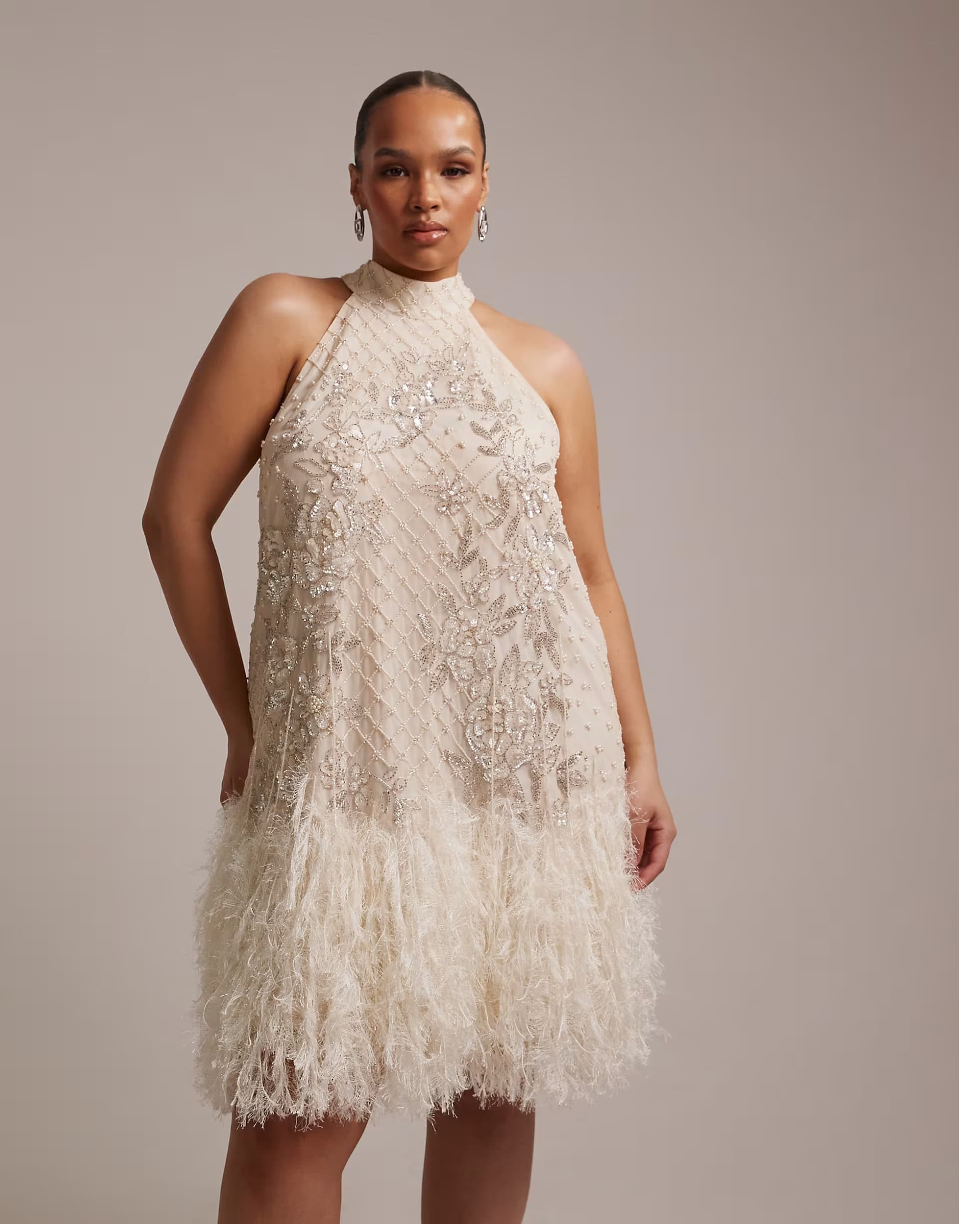 ASOS ASOS DESIGN Curve floral embellished halter mini dress with faux feather hem