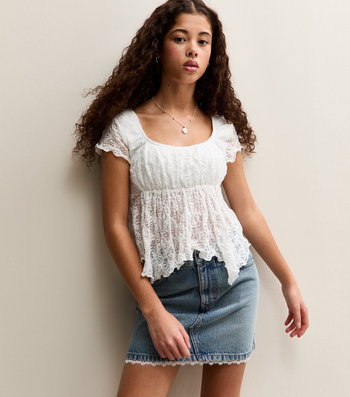 New Look Girls' White Lace Hanky Hem Cap Sleeve Top New Look - 2