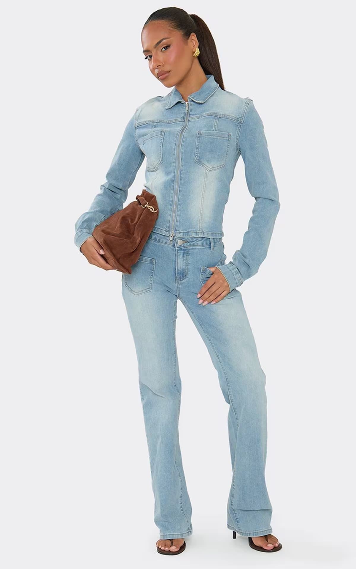 EGO Long Sleeve Pocket Front Seam Detail Zip Up Jacket In Light Blue Denim, Women's Size UK 6