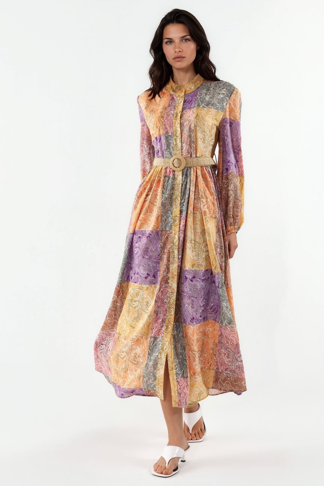MSN Collection MSN Collection Women's Belted Geometric Chiffon Maxi Dress