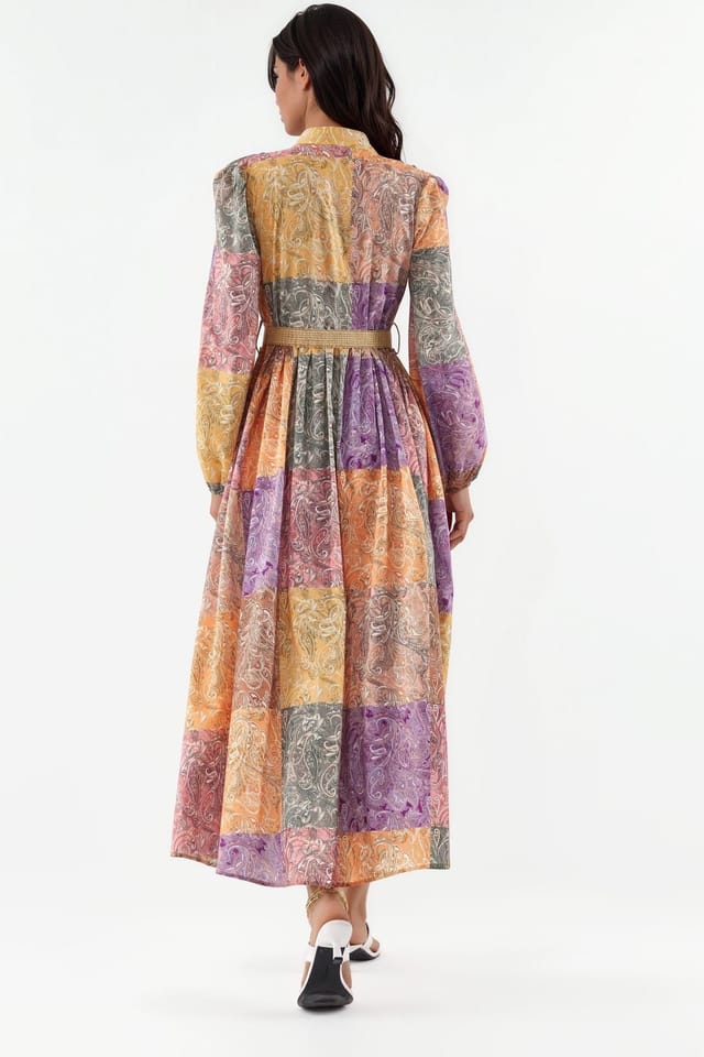 MSN Collection MSN Collection Women's Belted Geometric Chiffon Maxi Dress - 3