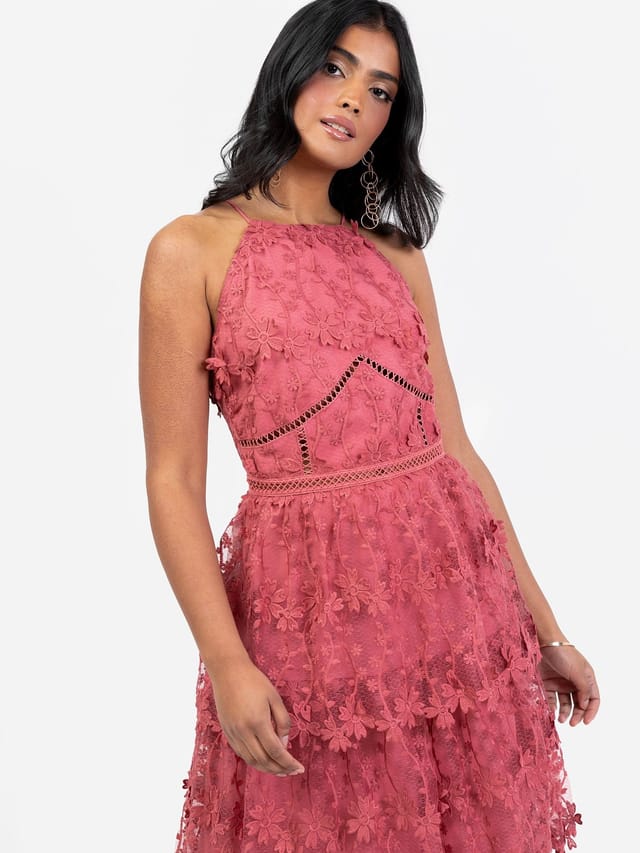 Maya Deluxe Maya Deluxe Women's Halter Neck Floral Tiered Midi Dress in Pink - 2