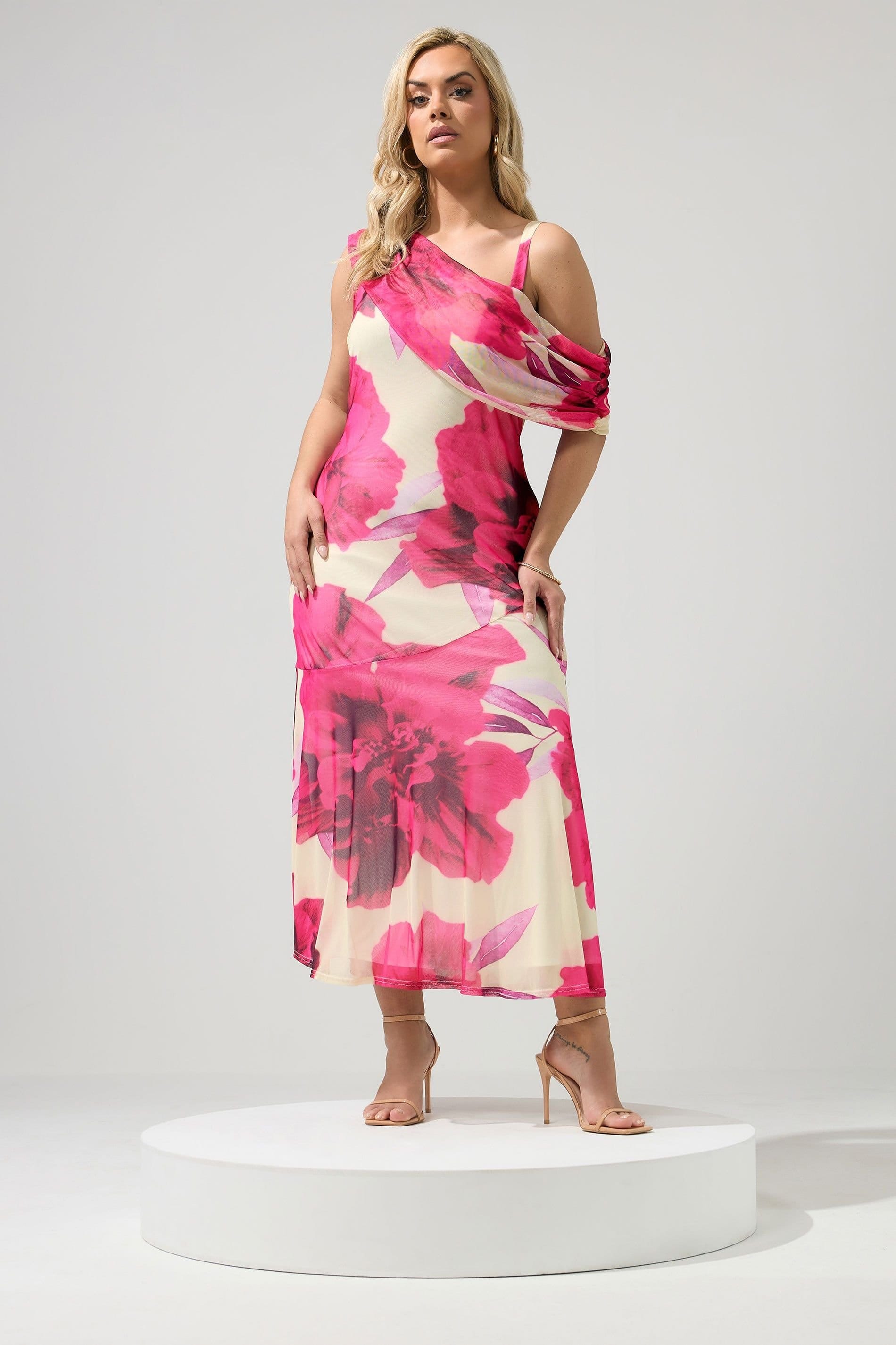 Yours London Floral Drape Shoulder Maxi Dress in Off-White