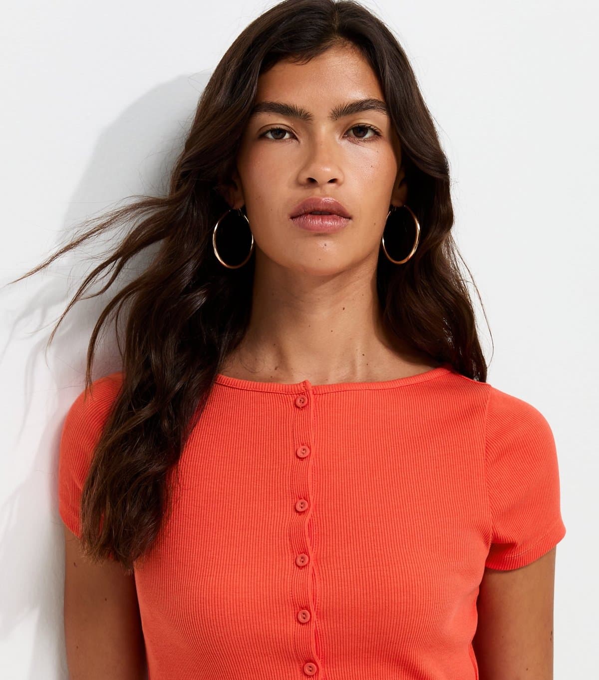 New Look Women's Bright Orange Cotton Rich Button Through Baby Tee T-Shirt New Look