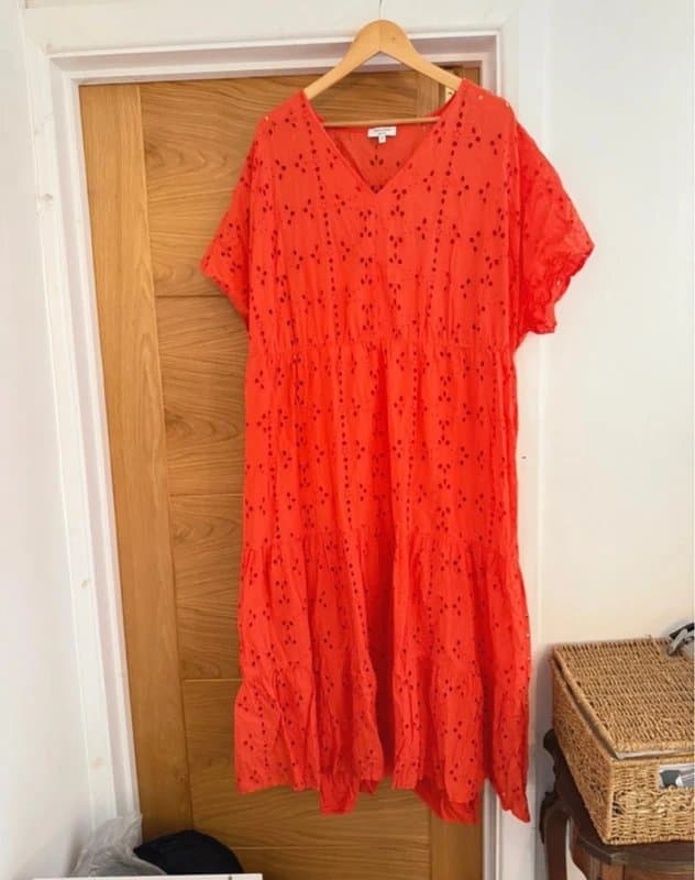 JD Williams JD Williams Orange Broderie Anglaise Cutwork Embroidery Short Sleeve V-Neck Tiered Maxi Dress