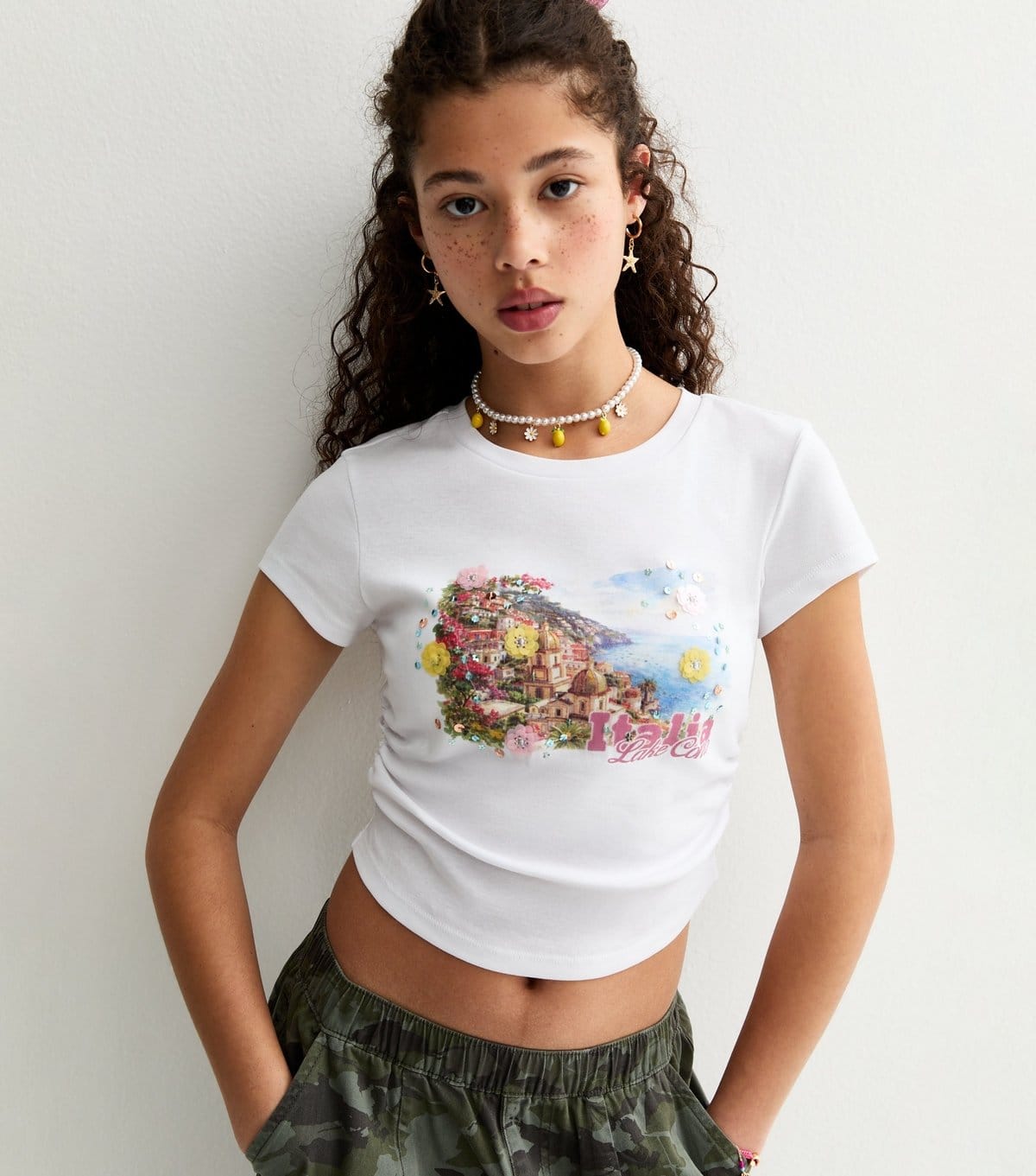 New Look White Italia Lake Como Embellished Cropped T-Shirt