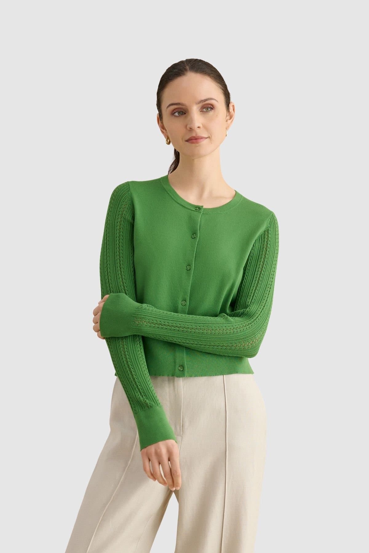 Hobbs London Hobbs London Women's Dianna Textured Sleeve Cardigan in Green