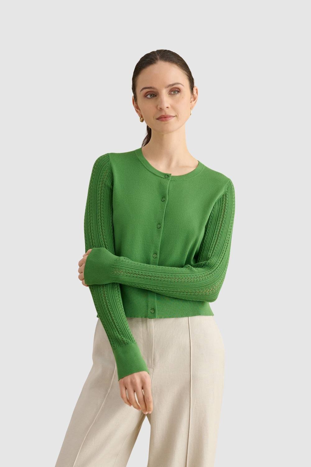 Hobbs London Hobbs London Women's Dianna Textured Sleeve Cardigan in Green - 3