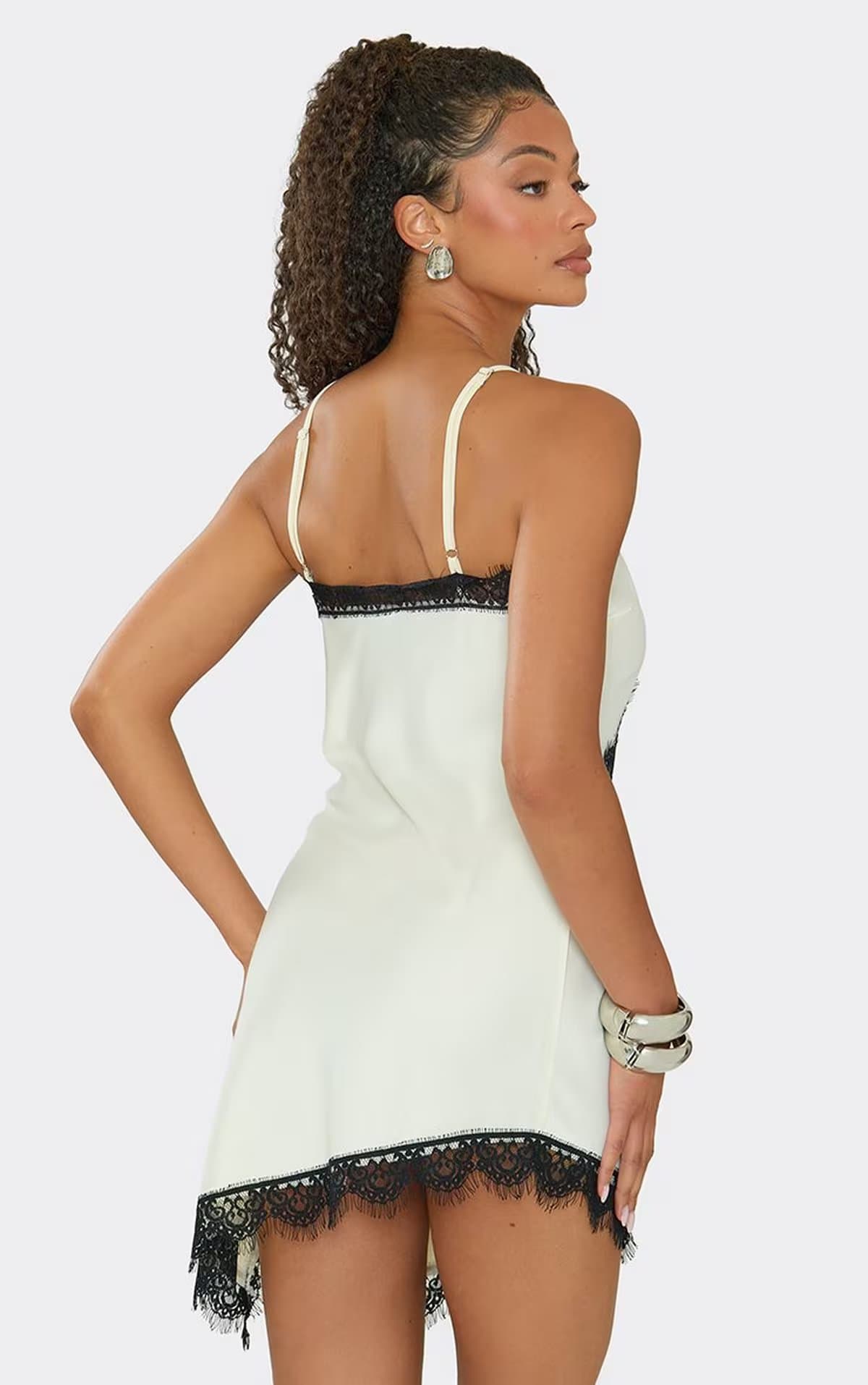 EGO Strappy Contrast Lace Trim Asymmetric Mini Dress In Cream, Women's Size UK 6