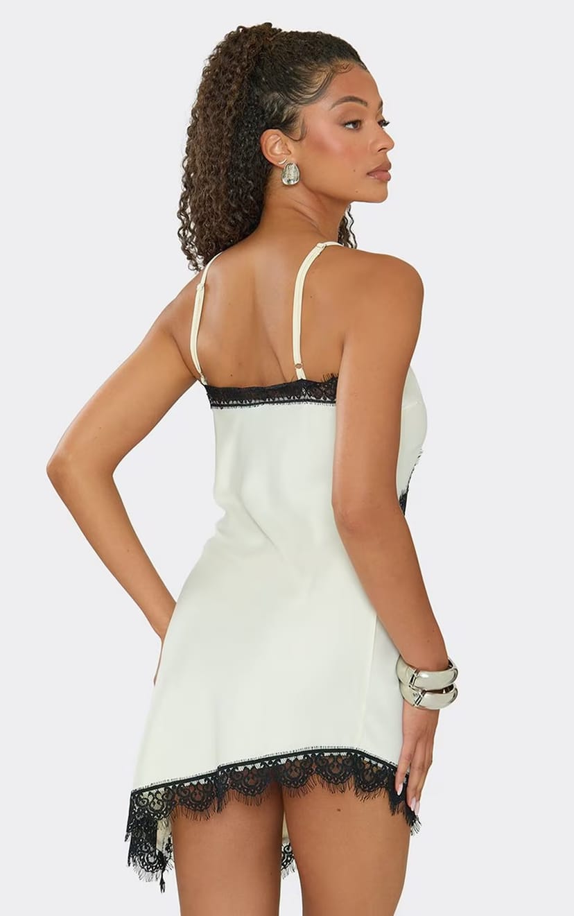 EGO Strappy Contrast Lace Trim Asymmetric Mini Dress In Cream, Women's Size UK 6 - 1