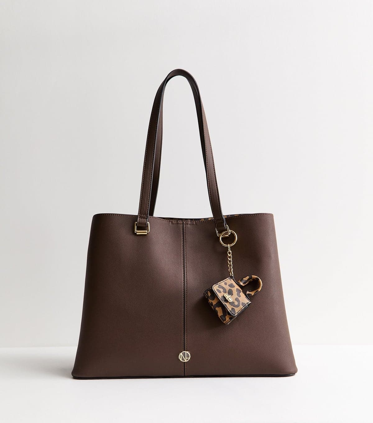 New Look Dark Brown Faux Leather Tote Bag with Mini Bag Charm New Look
