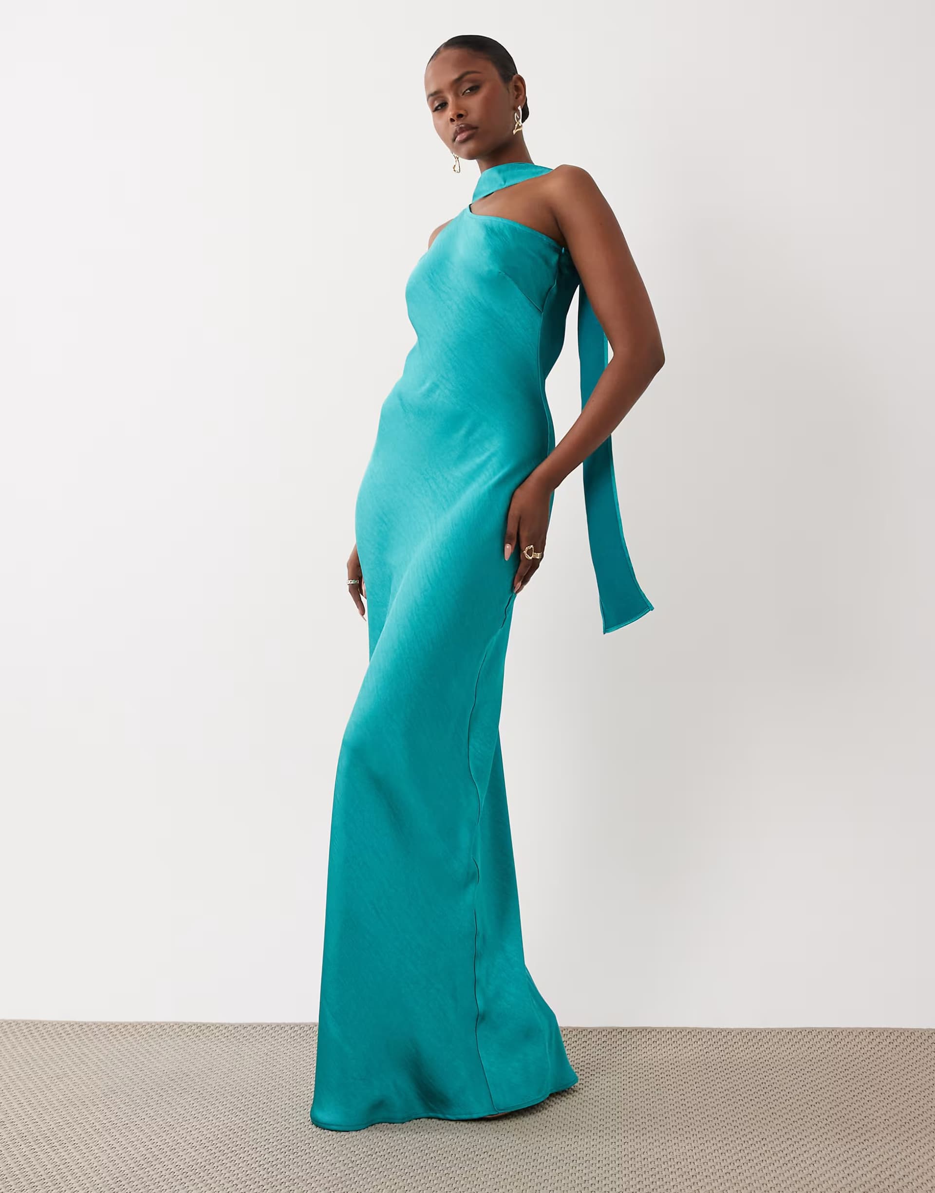 ASOS TFNC satin one shoulder maxi dress with scarf in aqua