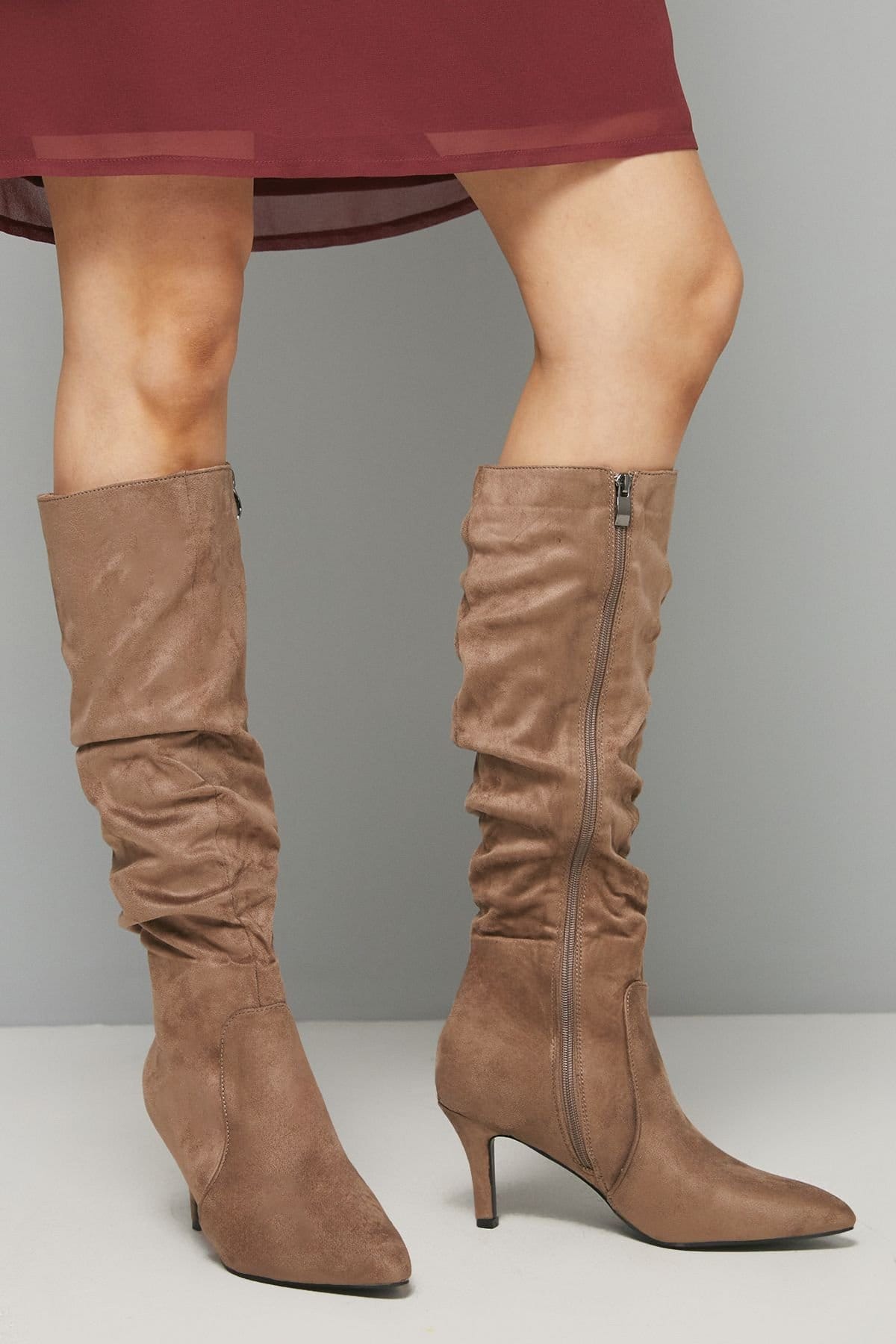 Wallis Wallis Women's Hista Ruched Mid Heel Pointed Knee Boots in Taupe - 1