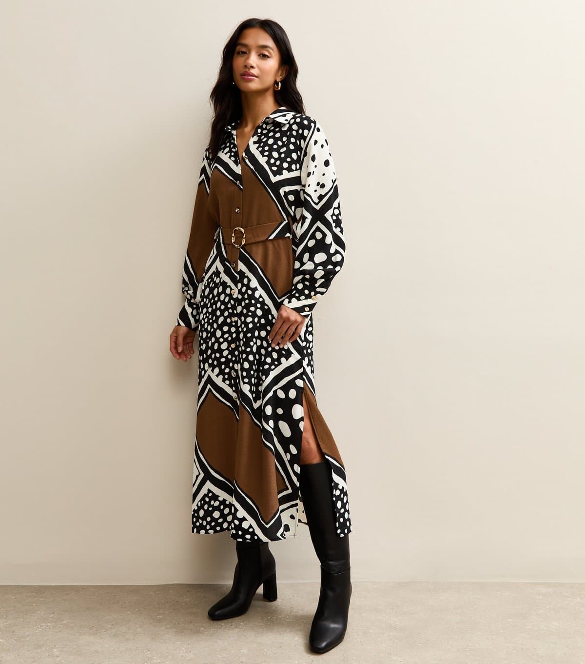 New Look Women's Petite Black Patchwork Print Midi Shirt Dress New Look