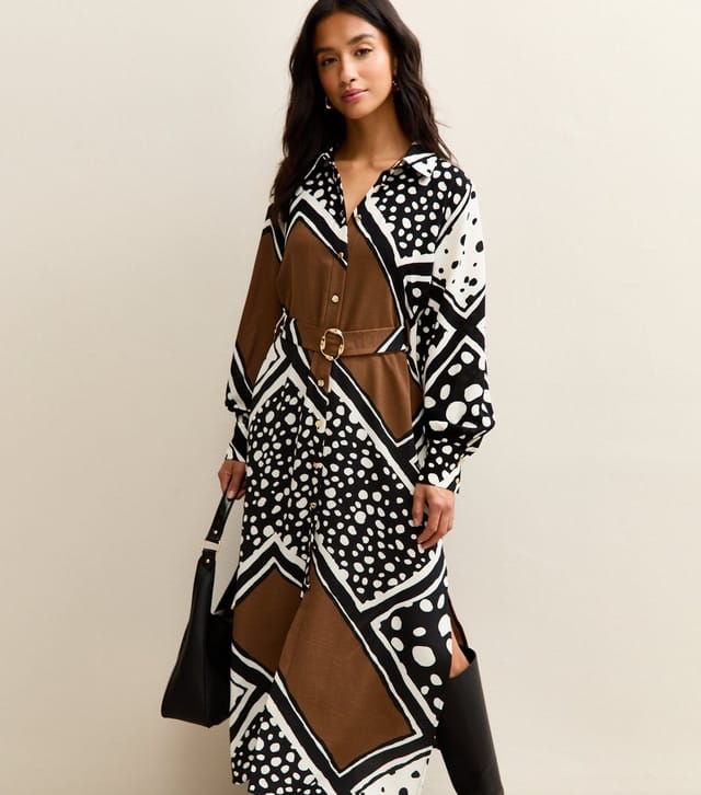 New Look Women's Petite Black Patchwork Print Midi Shirt Dress New Look - 2
