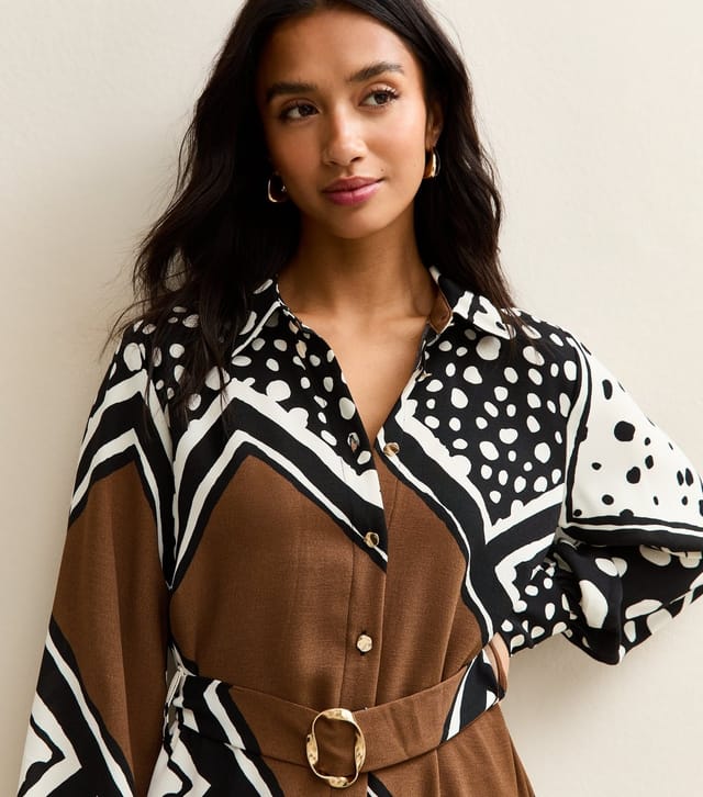 New Look Women's Petite Black Patchwork Print Midi Shirt Dress New Look - 3