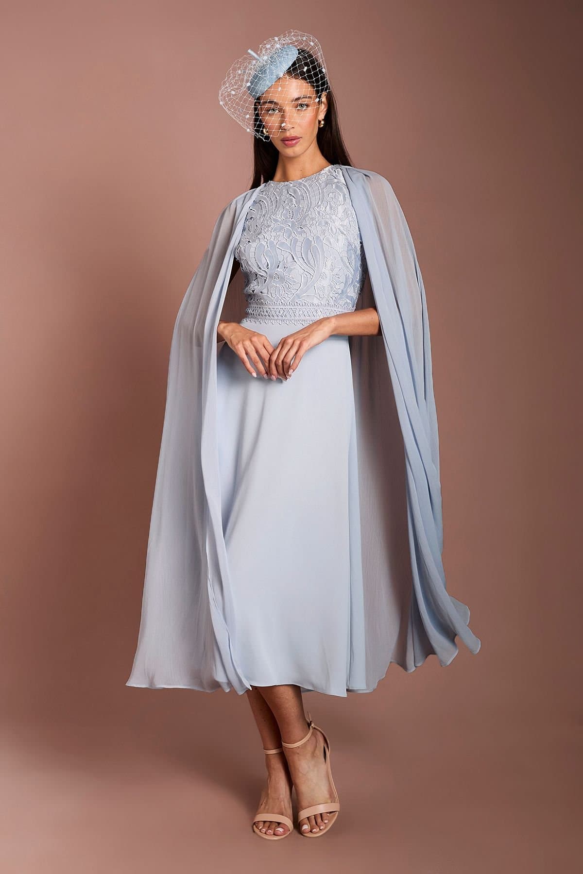 Coast Coast Women's Lisa Tan Cape Sleeve Lace Midi Dress in Pale Blue