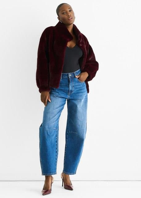 Gini London Gini London Women's Angora Red Funnel Neck Button Up Faux Fur Jacket in Burgundy