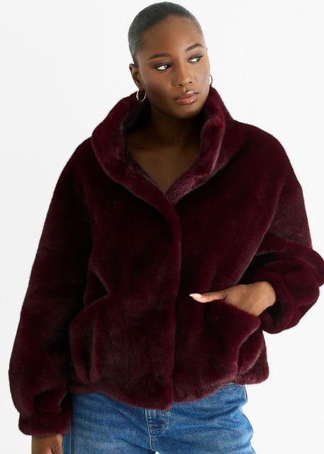 Gini London Gini London Women's Angora Red Funnel Neck Button Up Faux Fur Jacket in Burgundy - 2