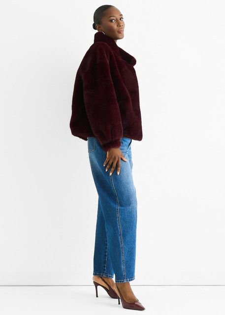 Gini London Gini London Women's Angora Red Funnel Neck Button Up Faux Fur Jacket in Burgundy - 3