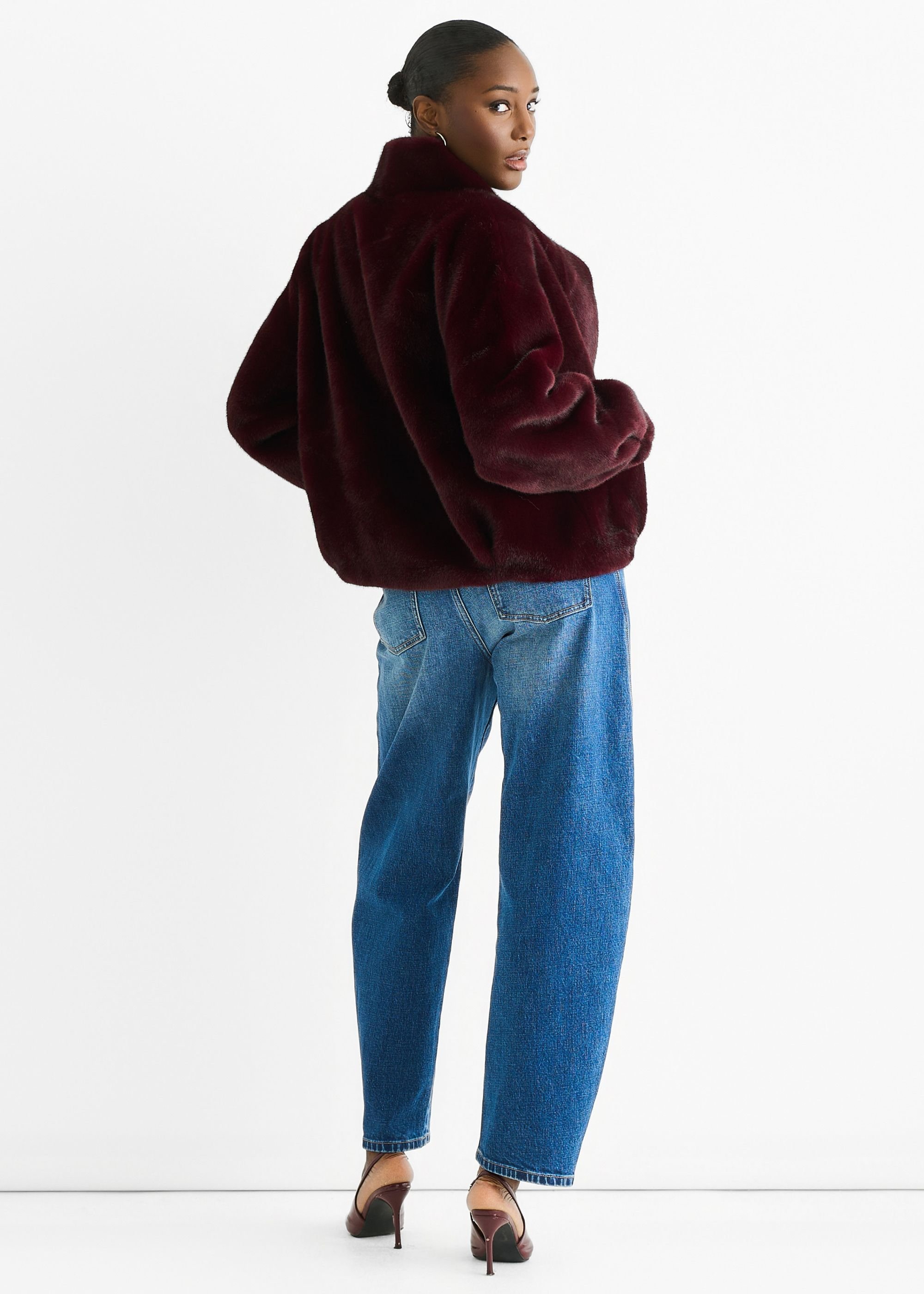 Gini London Gini London Women's Angora Red Funnel Neck Button Up Faux Fur Jacket in Burgundy - 4