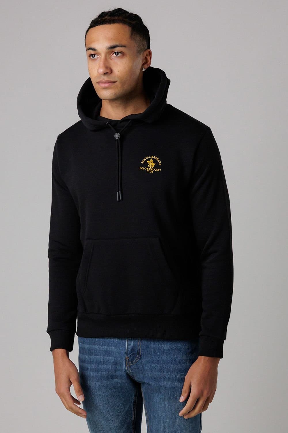 Santa Barbara Polo & Racquet Club Santa Barbara Polo & Racquet Club Men's Cotton Rich Pullover Hoodie with Drawstring & Kangaroo Pocket in Black
