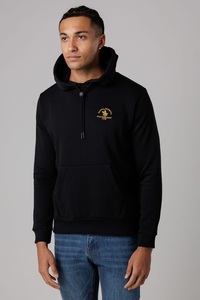 Santa Barbara Polo & Racquet Club Santa Barbara Polo & Racquet Club Men's Cotton Rich Pullover Hoodie with Drawstring & Kangaroo Pocket in Black - 1