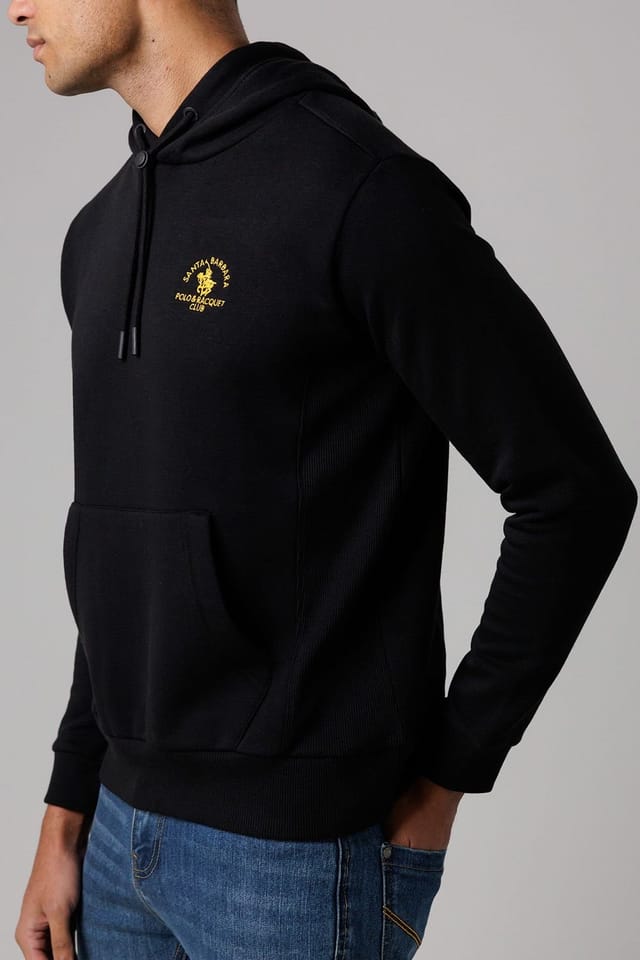 Santa Barbara Polo & Racquet Club Santa Barbara Polo & Racquet Club Men's Cotton Rich Pullover Hoodie with Drawstring & Kangaroo Pocket in Black - 3