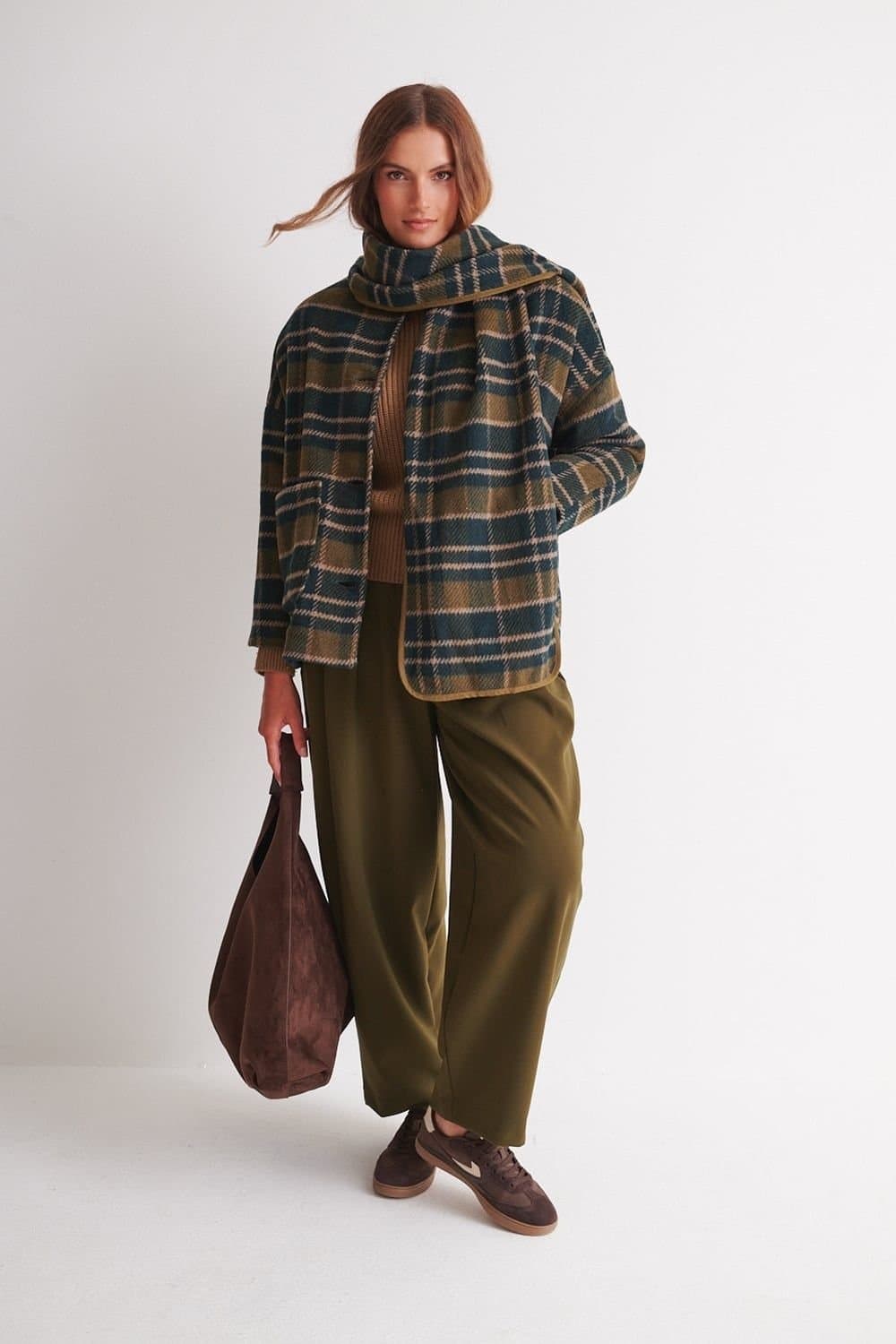 Klass. Klass. Women's Checked Knitted Jacket With Scarf in Green
