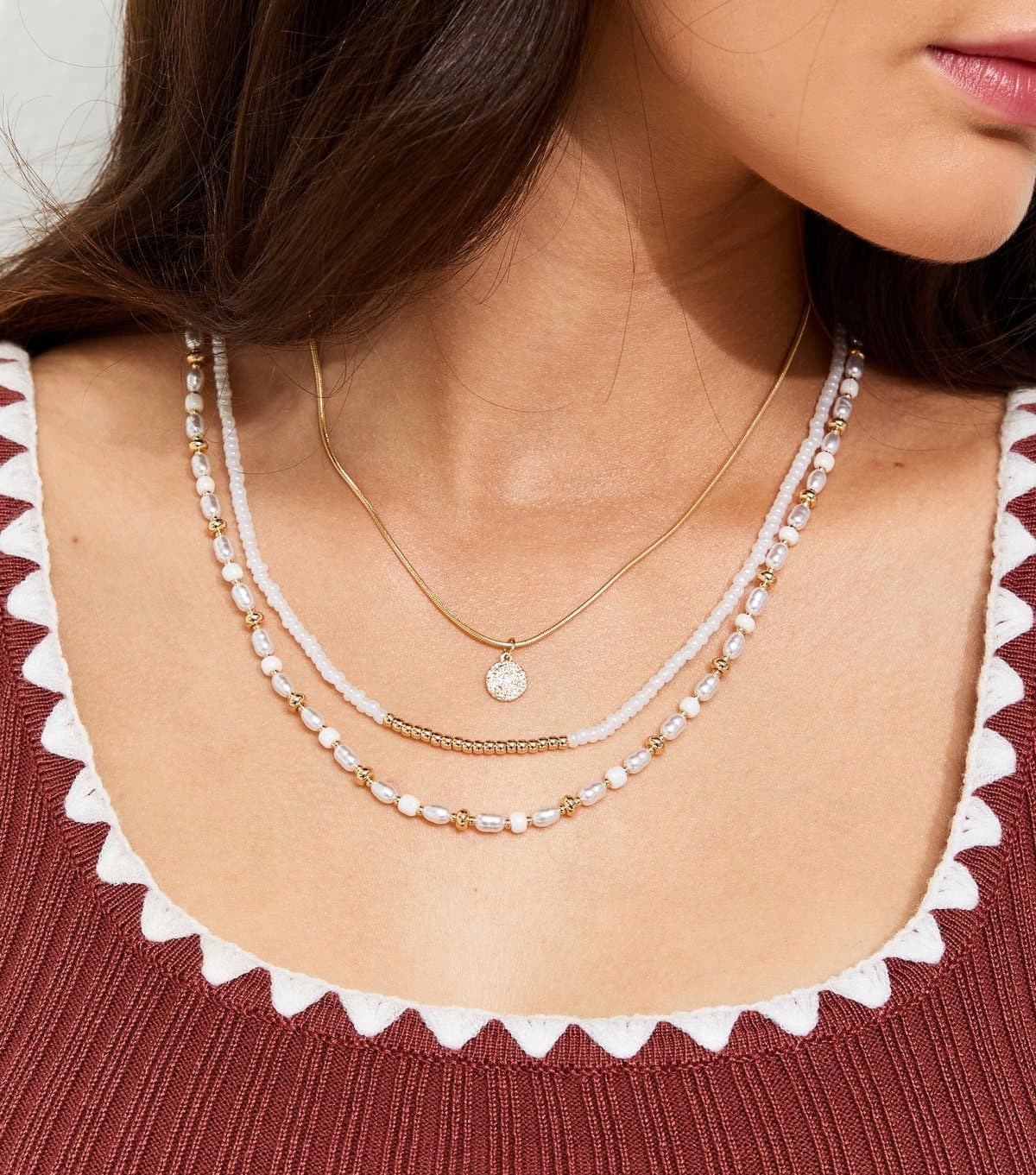 New Look Gold Tone 3 Layer Beaded Faux Pearl Necklace New Look