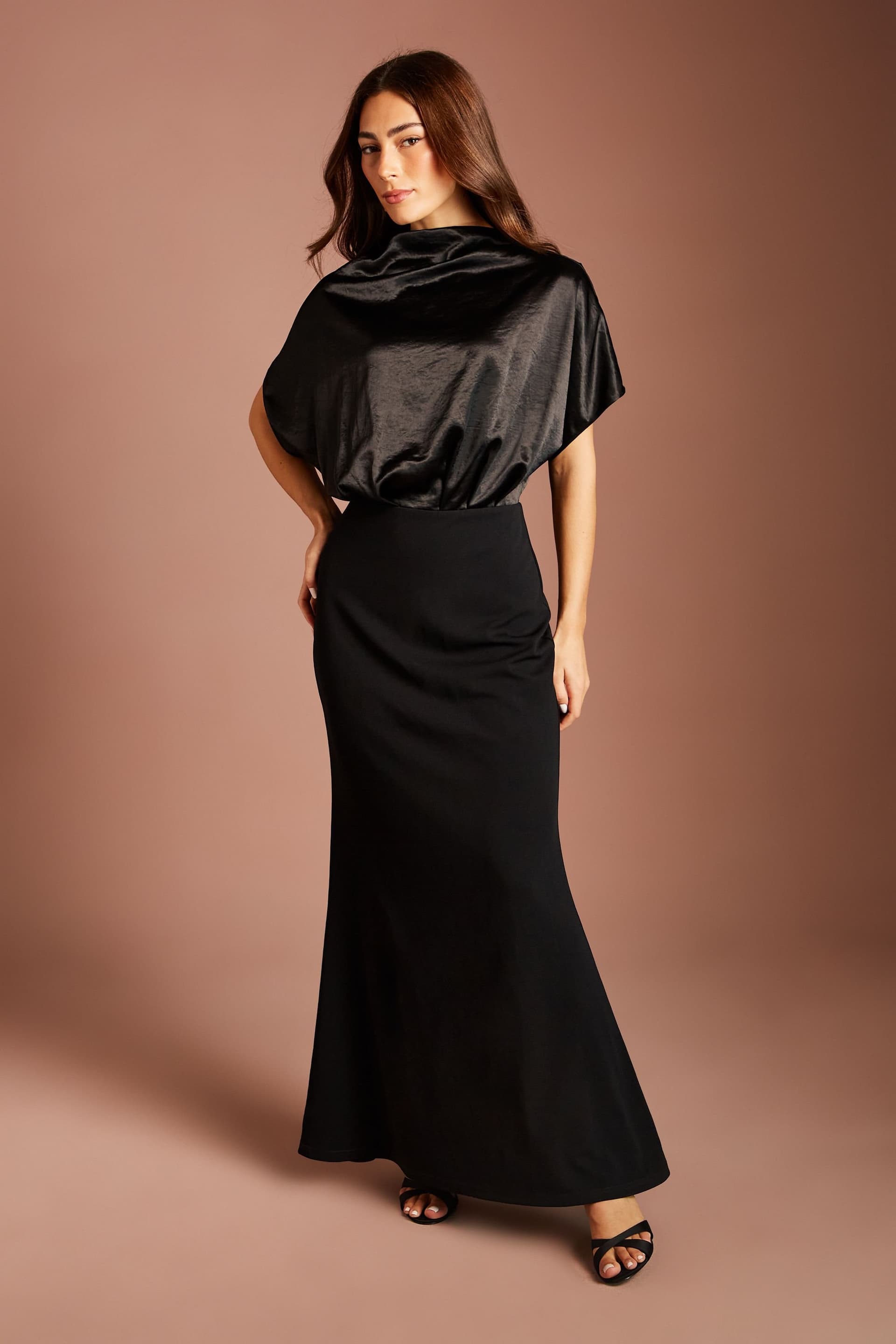 Coast Coast Women's Satin Drape Bodice With Crepe Pencil Skirt Midi Dress in Black