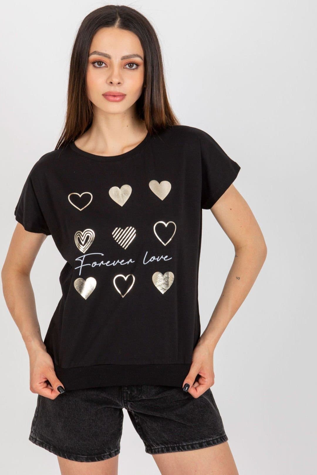 Love Lace Love Lace Women's Cotton Short Sleeve Round Neck Print Blouse Style 182102 in Black