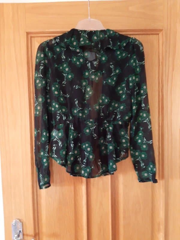 Topshop Topshop Black And Green Floral Mix Sheer Frill Collar Blouse Size 8