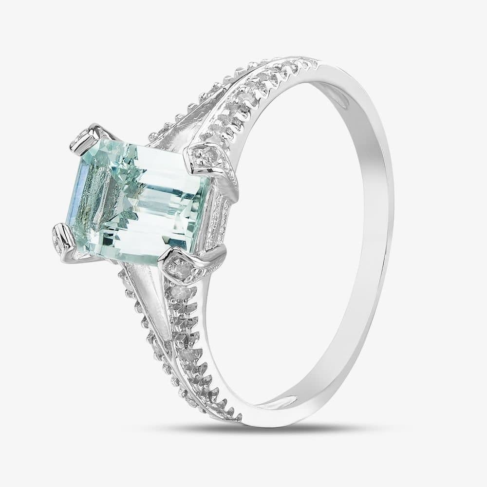 T.H.Baker T.H.Baker Women's 9Ct White Gold Emerald Aqua Cut Diamond Ring