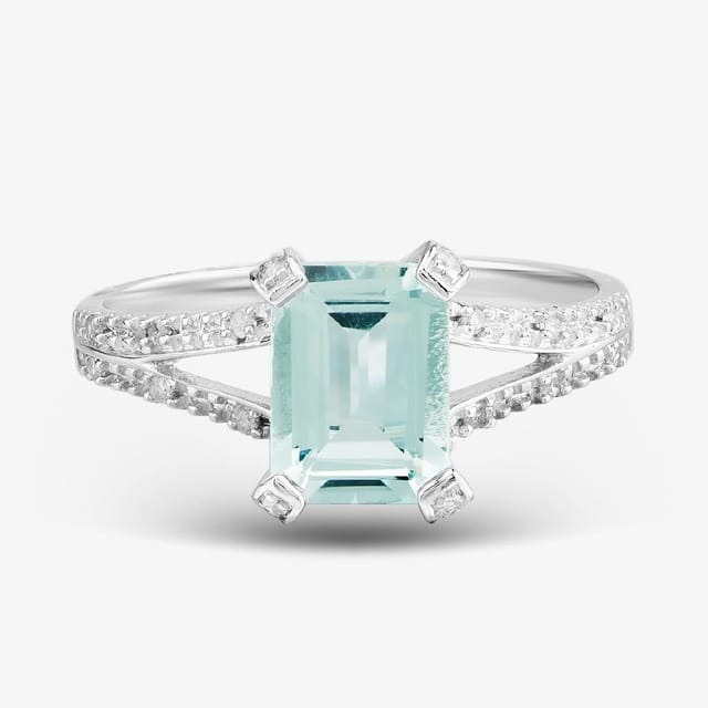 T.H.Baker T.H.Baker Women's 9Ct White Gold Emerald Aqua Cut Diamond Ring in Silver - 2