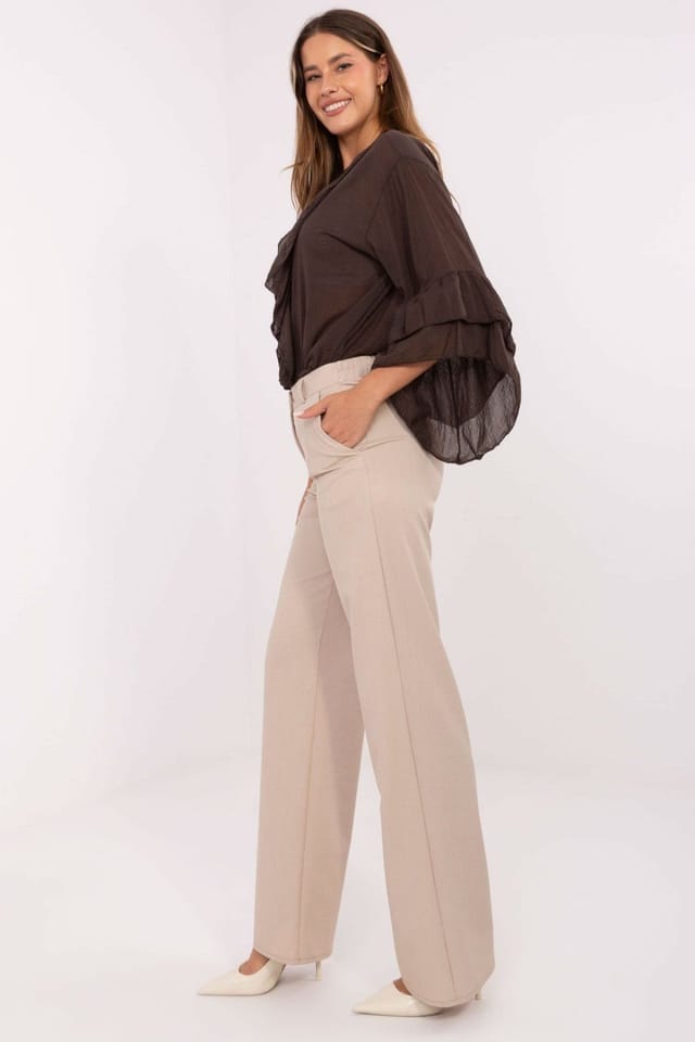 Love Lace Love Lace Women's High Waist Wide Leg Cotton Elastane Trousers in Beige - 2