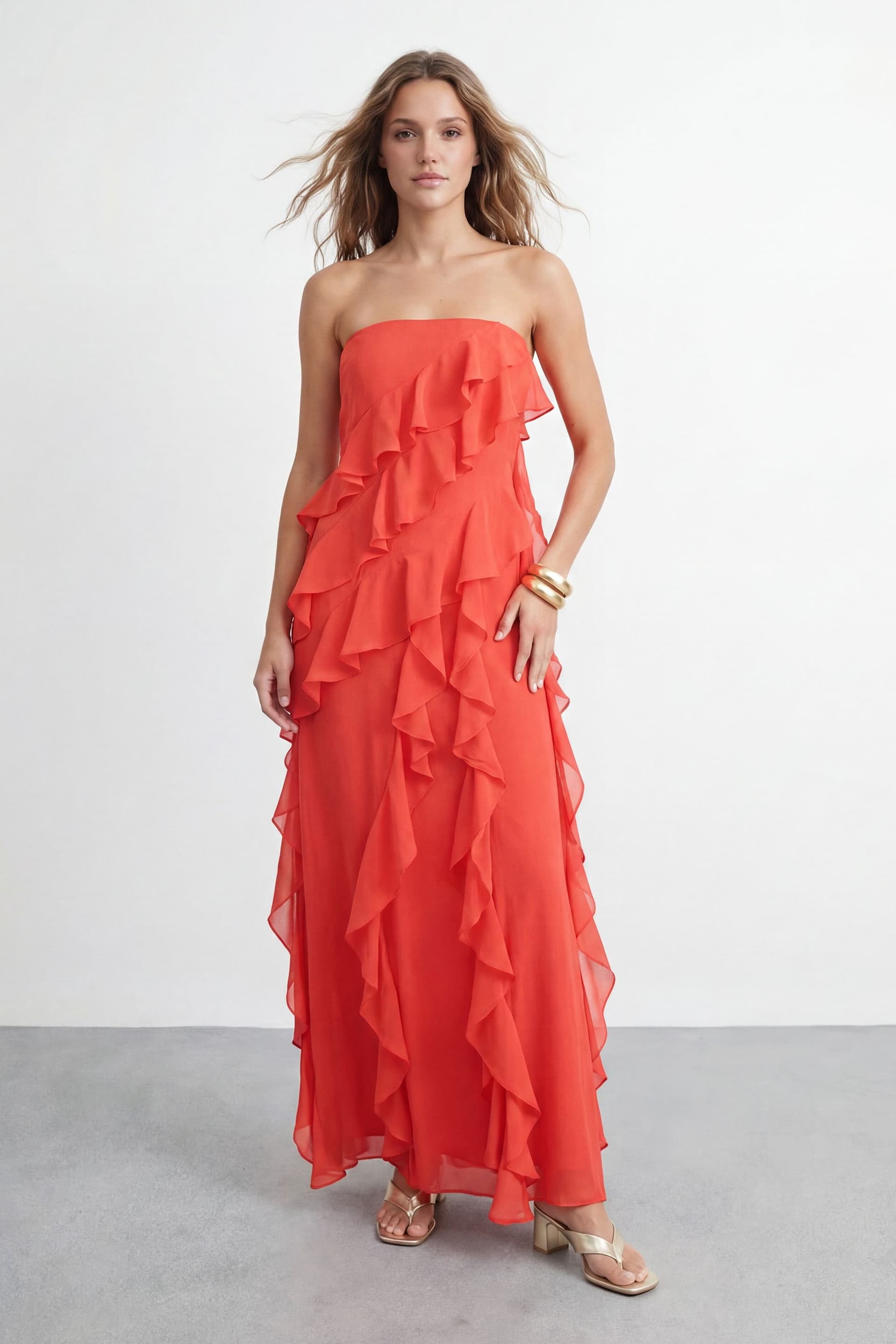 Warehouse Warehouse Women's Bandeau Layered Ruffle Maxi Dress in Orange