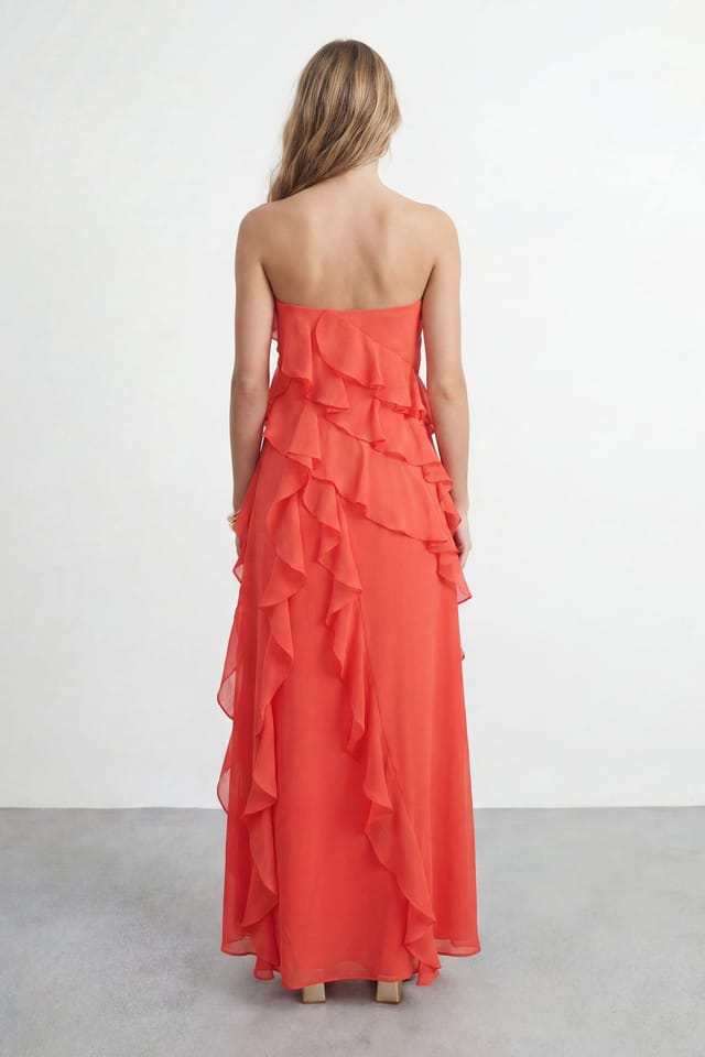 Warehouse Warehouse Women's Bandeau Layered Ruffle Maxi Dress in Orange - 2