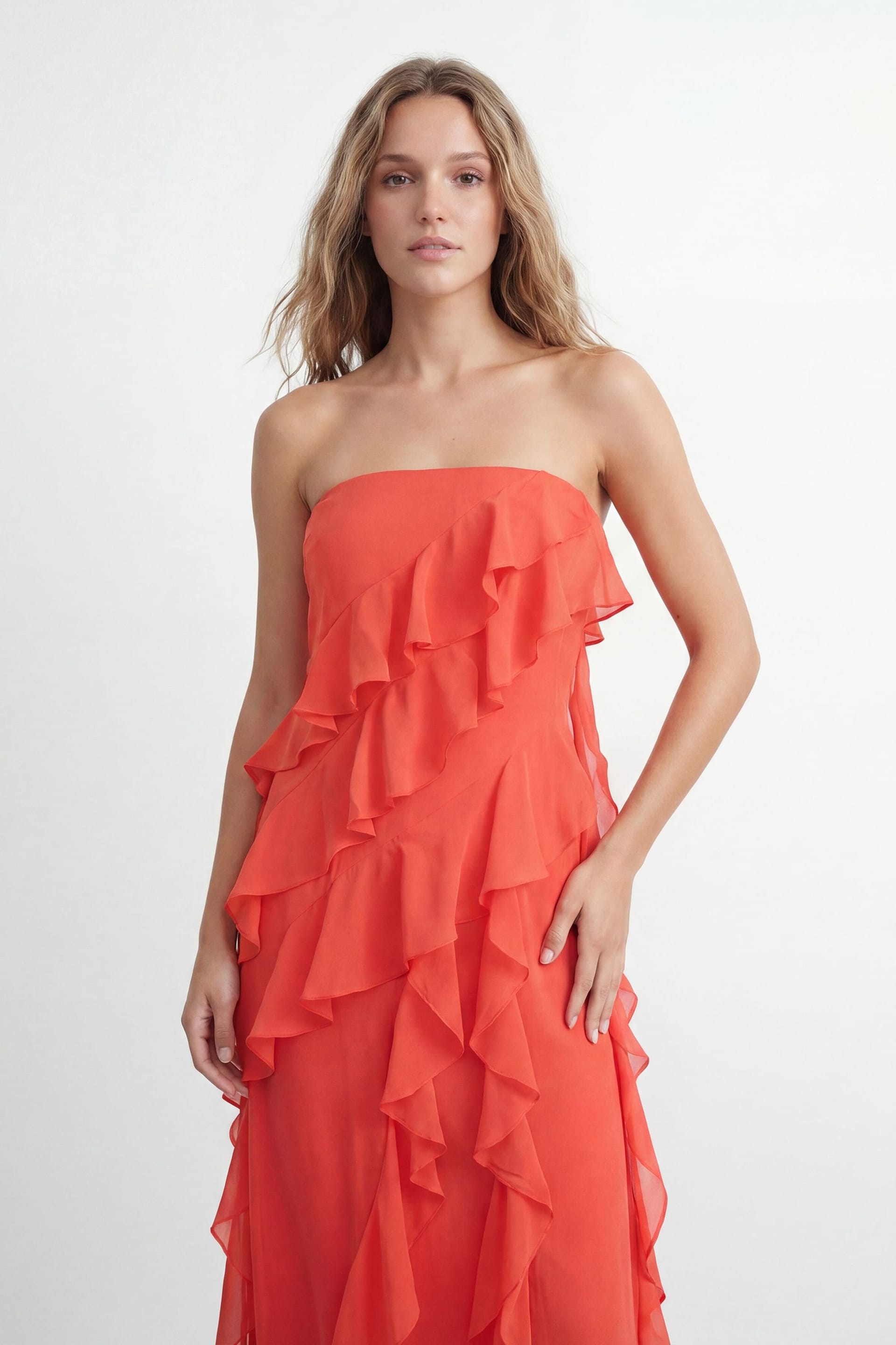 Warehouse Warehouse Women's Bandeau Layered Ruffle Maxi Dress in Orange - 4