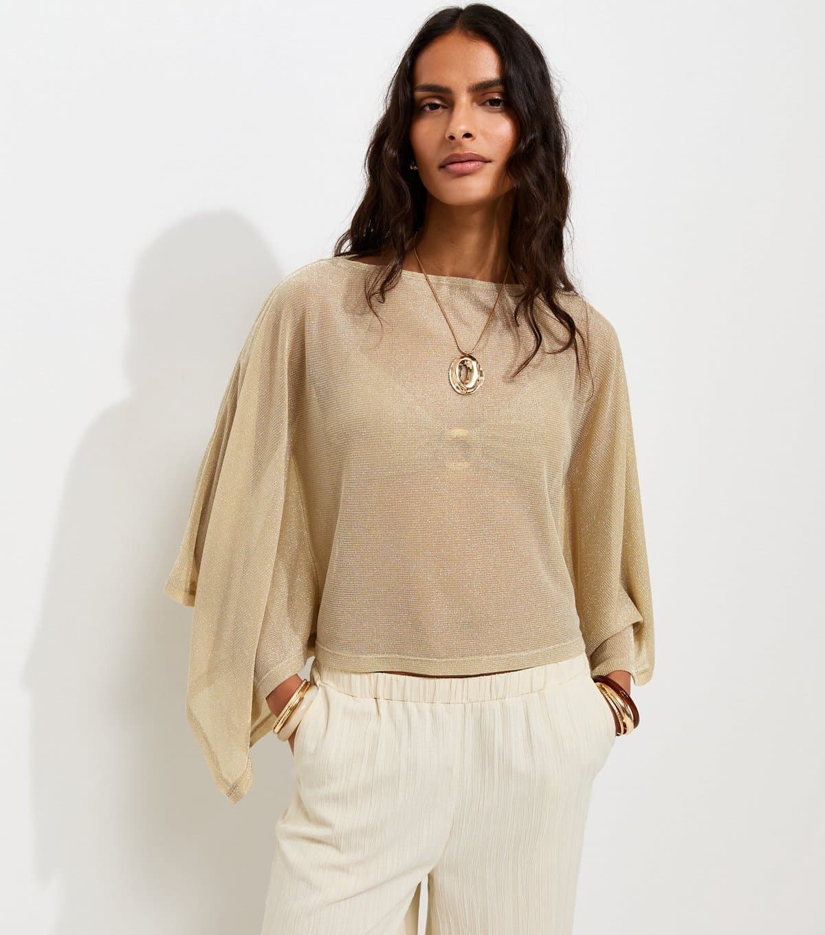 New Look Women's Gold Sparkle Off The Shoulder Knitted Poncho Top New Look