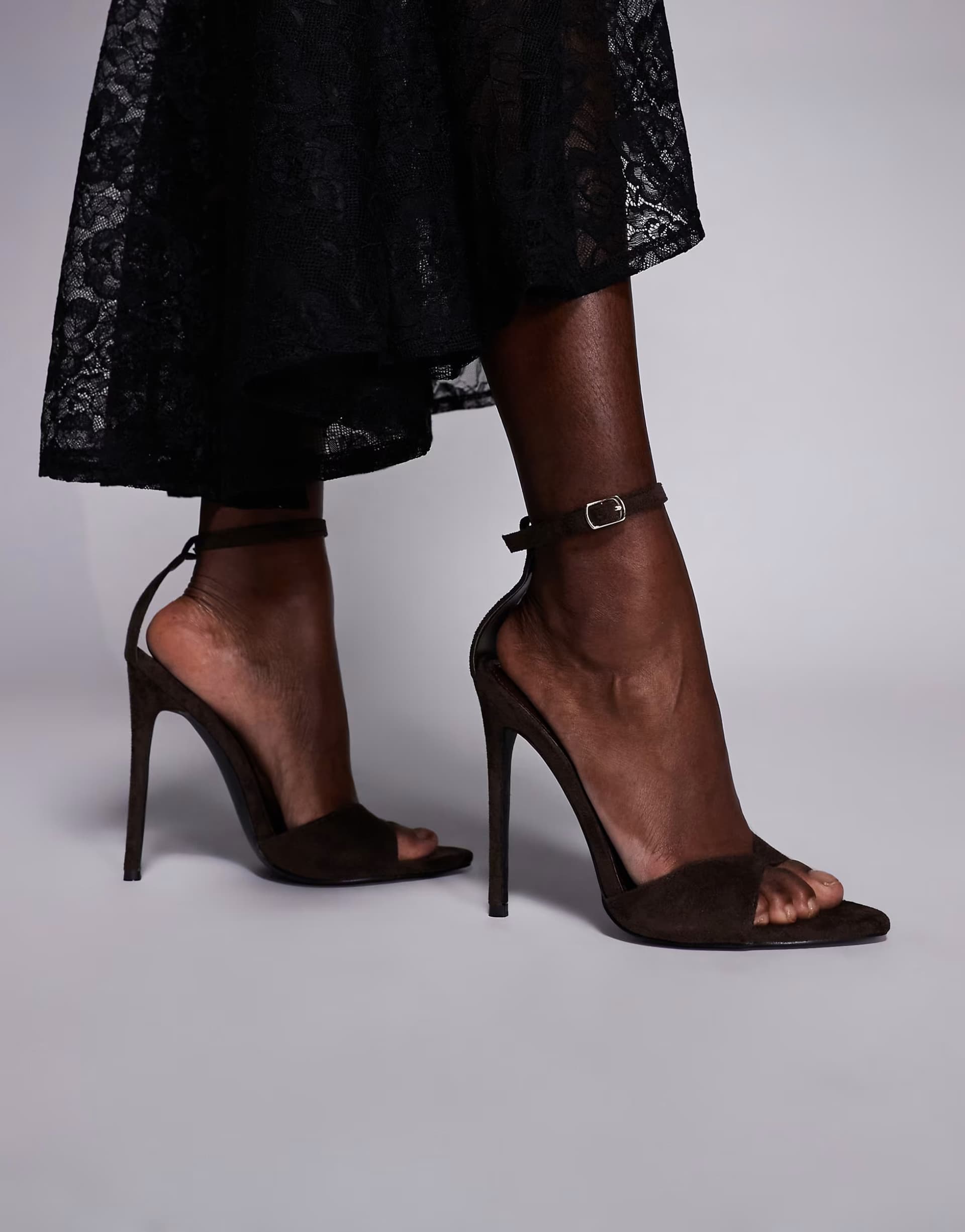 ASOS Simmi London Wide Fit Eavie heeled sandals in chocolate suedette