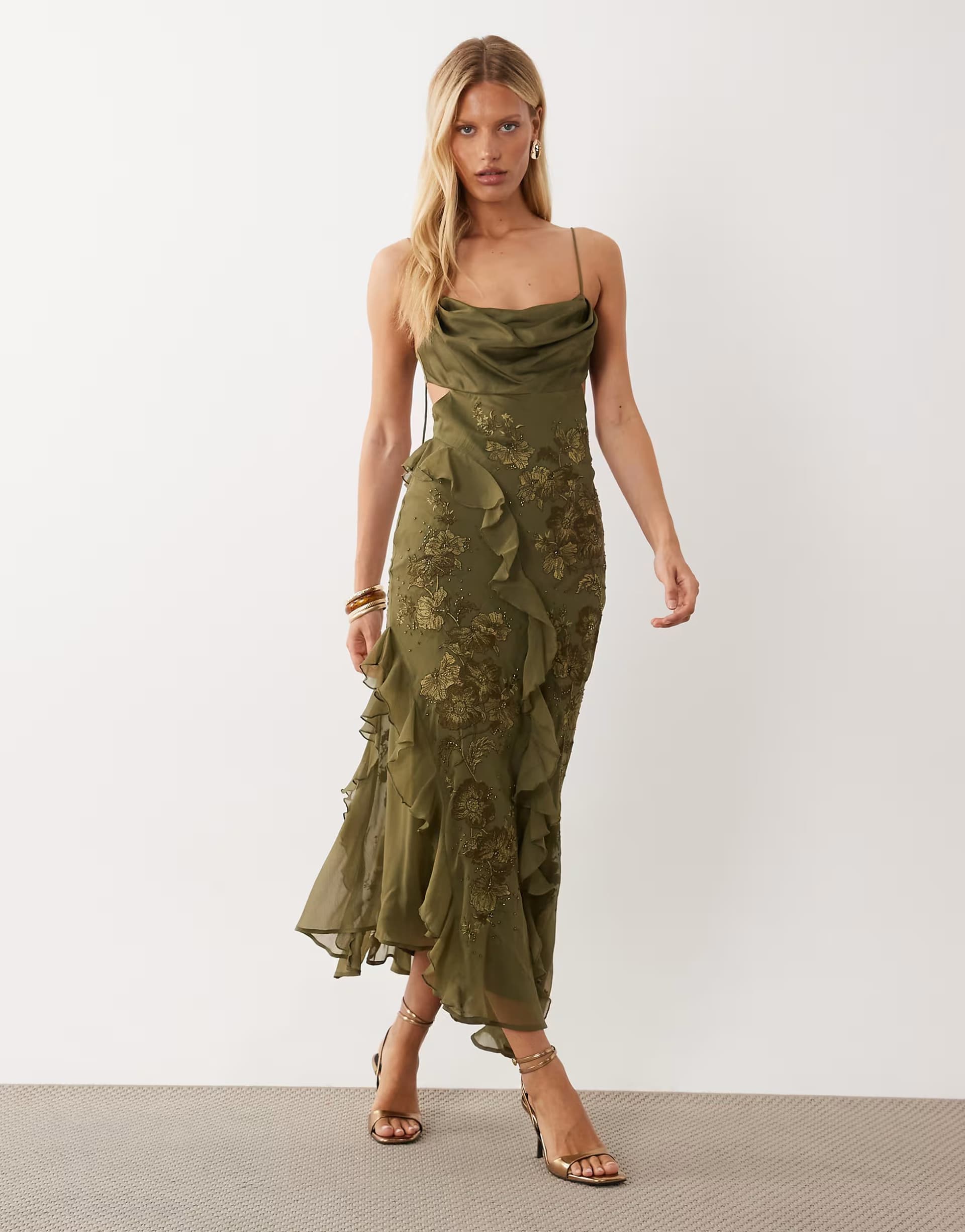 ASOS ASOS DESIGN embroidered & beaded cami maxi dress with asymmetric ruffle in khaki