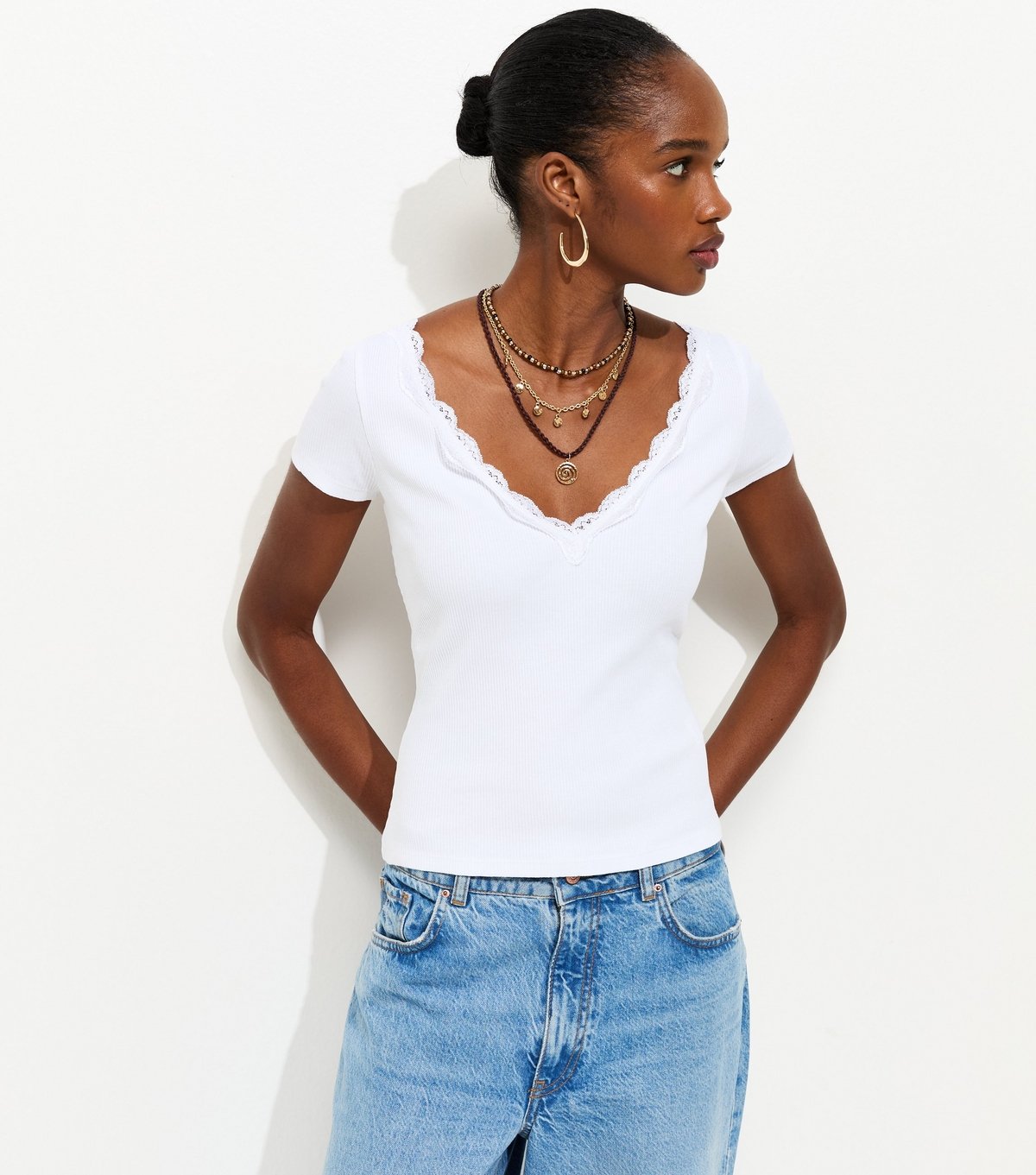 New Look Women's White V Neck Lace Trim Top New Look - 1