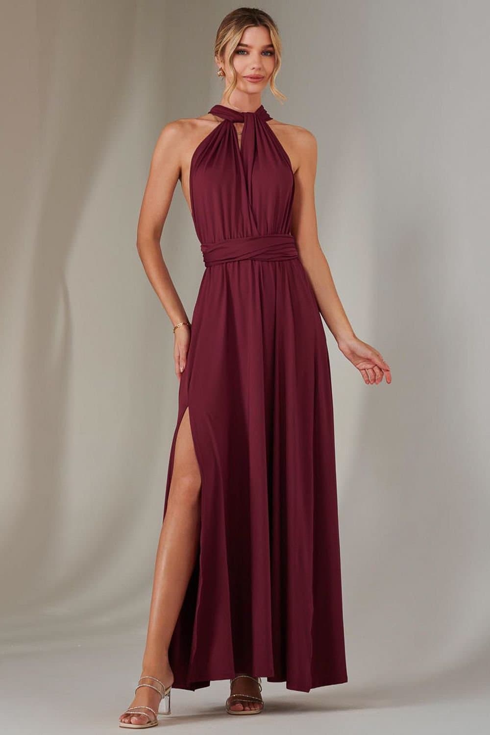 Jolie Moi Jolie Moi Women's Halter Neck Maxi Bridesmaid Dress in Burgundy