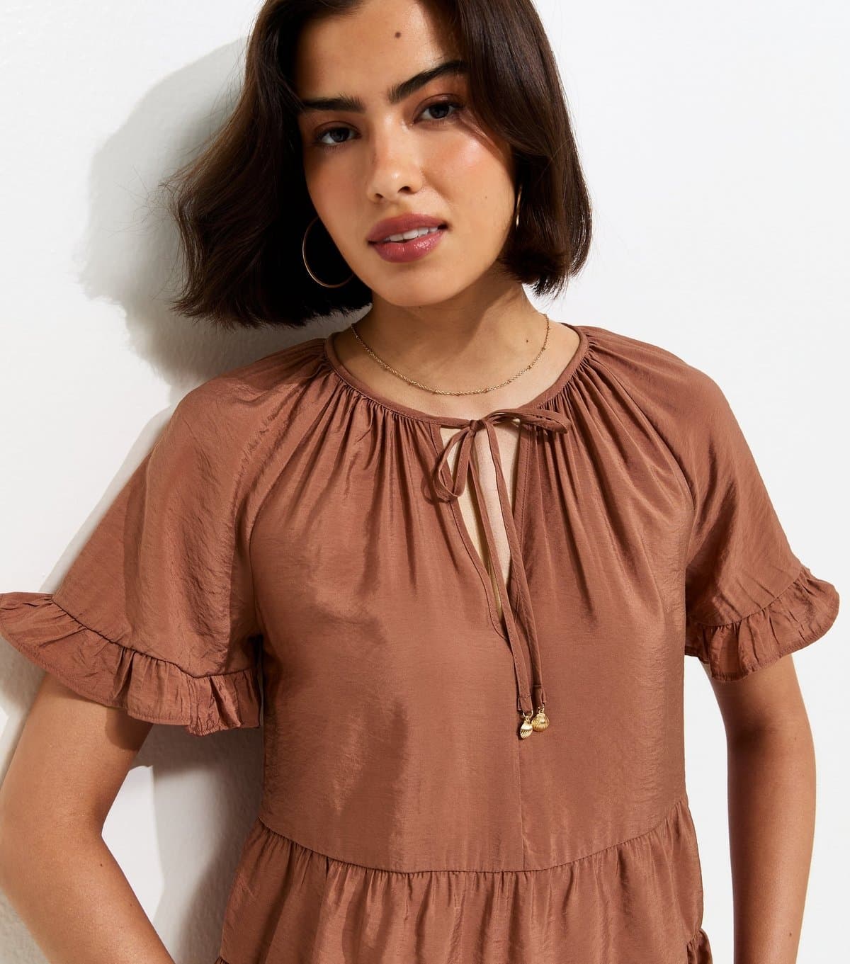 New Look Women's Light Brown Tiered Tie Neck Top New Look