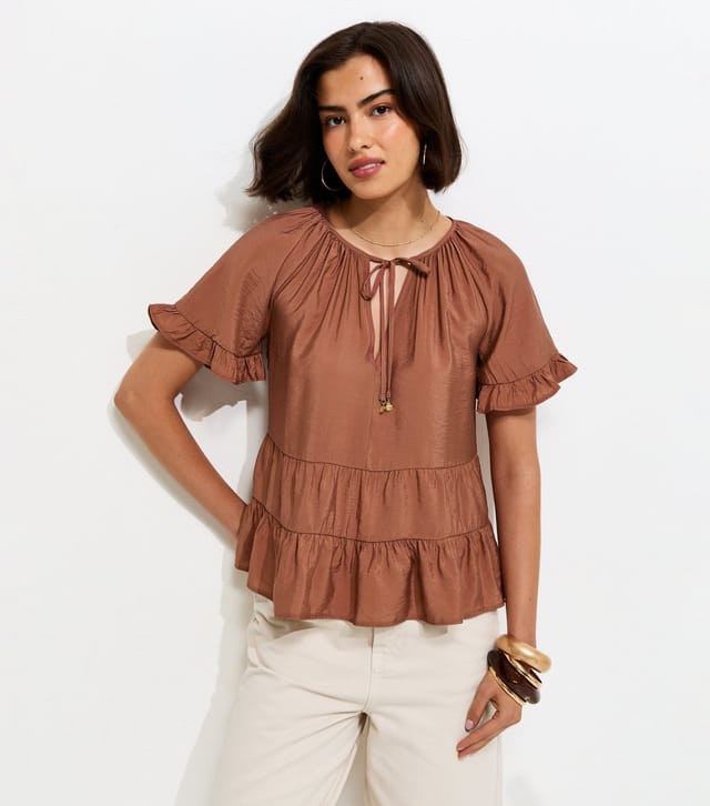 New Look Women's Light Brown Tiered Tie Neck Top New Look - 2