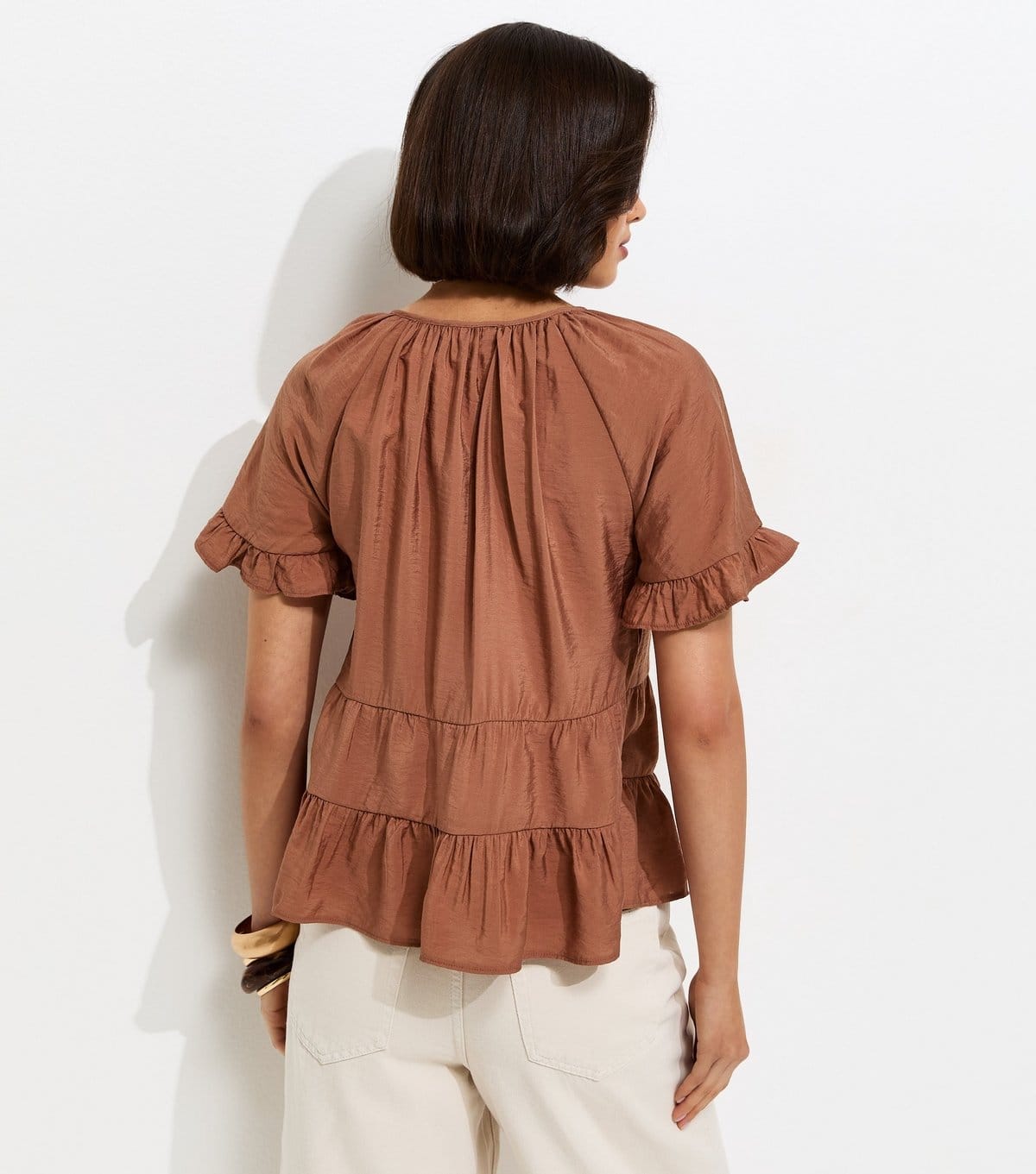New Look Women's Light Brown Tiered Tie Neck Top New Look - 4